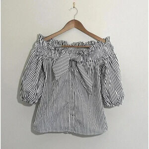 Parker Navy Blue White Striped Off the Shoulder Button Bow Blouse Top Size XS